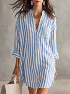Cozy Henley Collar Striped Cotton-linen Mini Dress