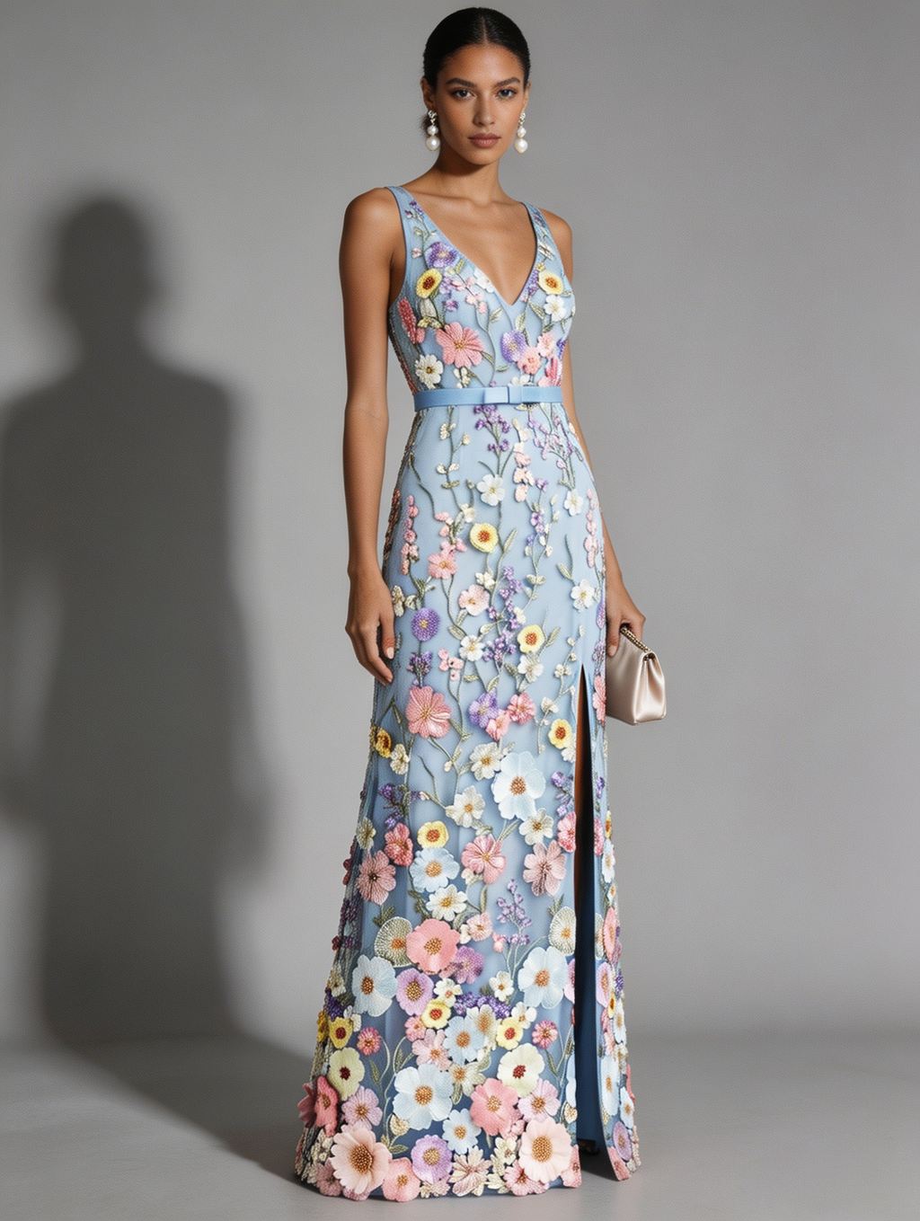 Light Blue Floral Ebroidered Classic V Neck Sleeveless A-Line Floor-length Gown Dress