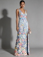 Light Blue Floral Ebroidered Classic V Neck Sleeveless A-Line Floor-length Gown Dress