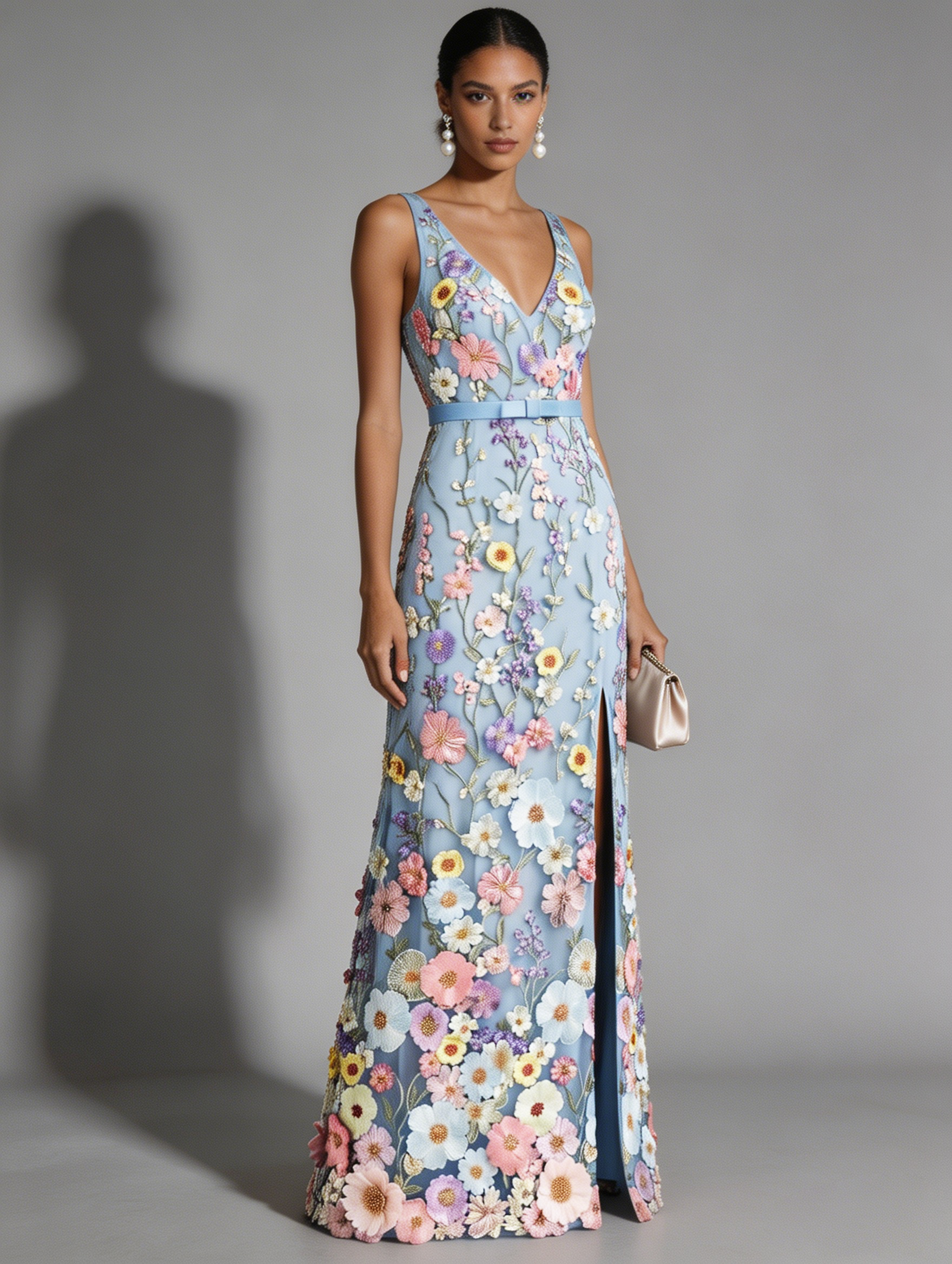 Light Blue Floral Ebroidered Classic V Neck Sleeveless A-Line Floor-length Gown Dress