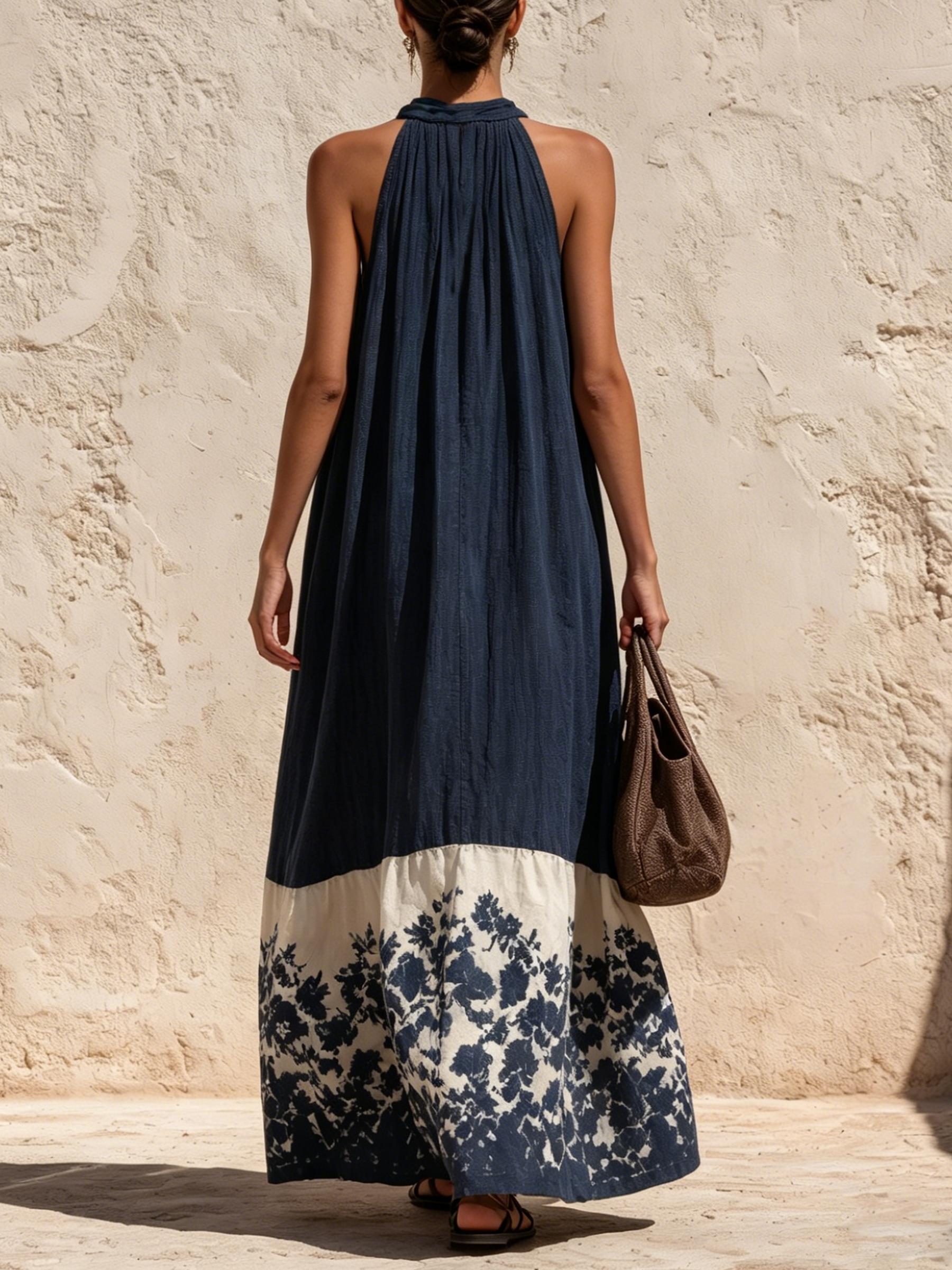 Navy Floral Border Tencel Denim Halter Neck Maxi Dress