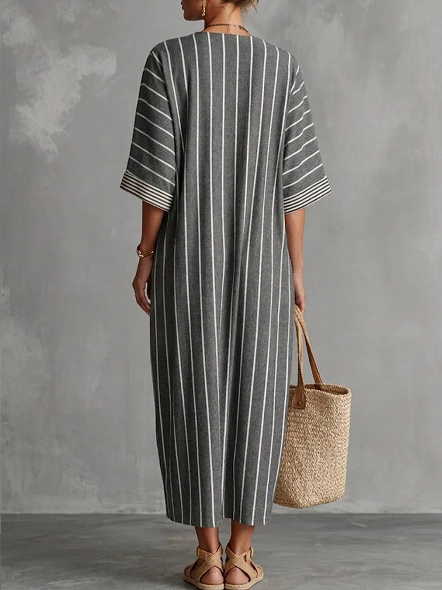 Women's Striped Printed V-neck 3/4 Sleeve Casual Loose Cotton Linen Dress