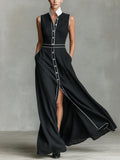 Women's Collared Sleeveless Casual Loose Long Cotton Linen Dress