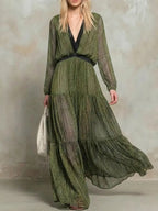 Women's Striped Art Casual Stylish Long Sleeve Chiffon Maxi Dress
