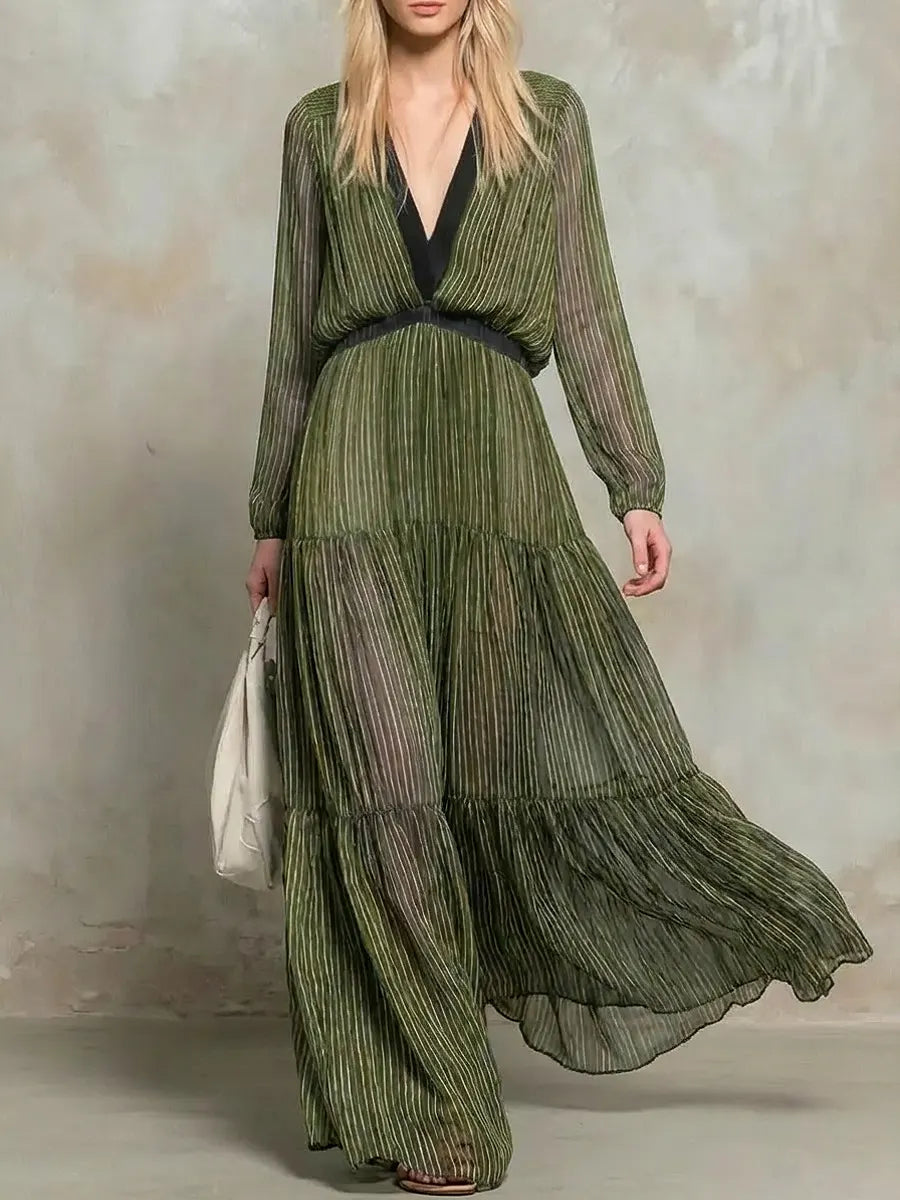 Women's Striped Art Casual Stylish Long Sleeve Chiffon Maxi Dress