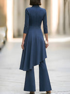 Asymmetric Draped Overlay Mock-Neck Top And Flared Trouser Set
