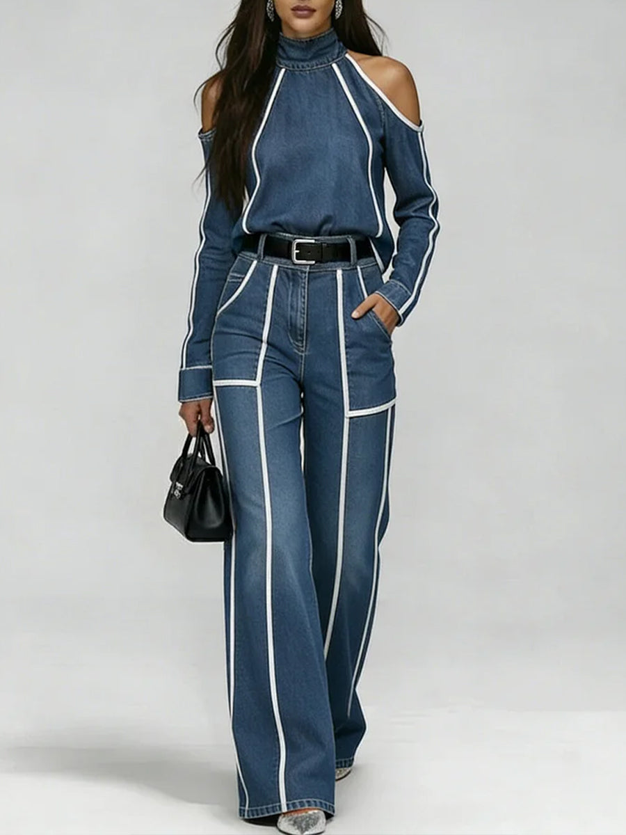 Stylish Off-shoulder White Trim Denim Top And Jeans Two-piece Set