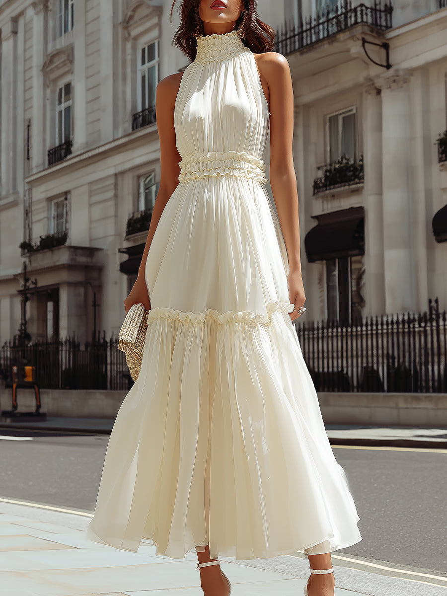 High Neck Ruffle Trim Tiered A-Line MaxiDress