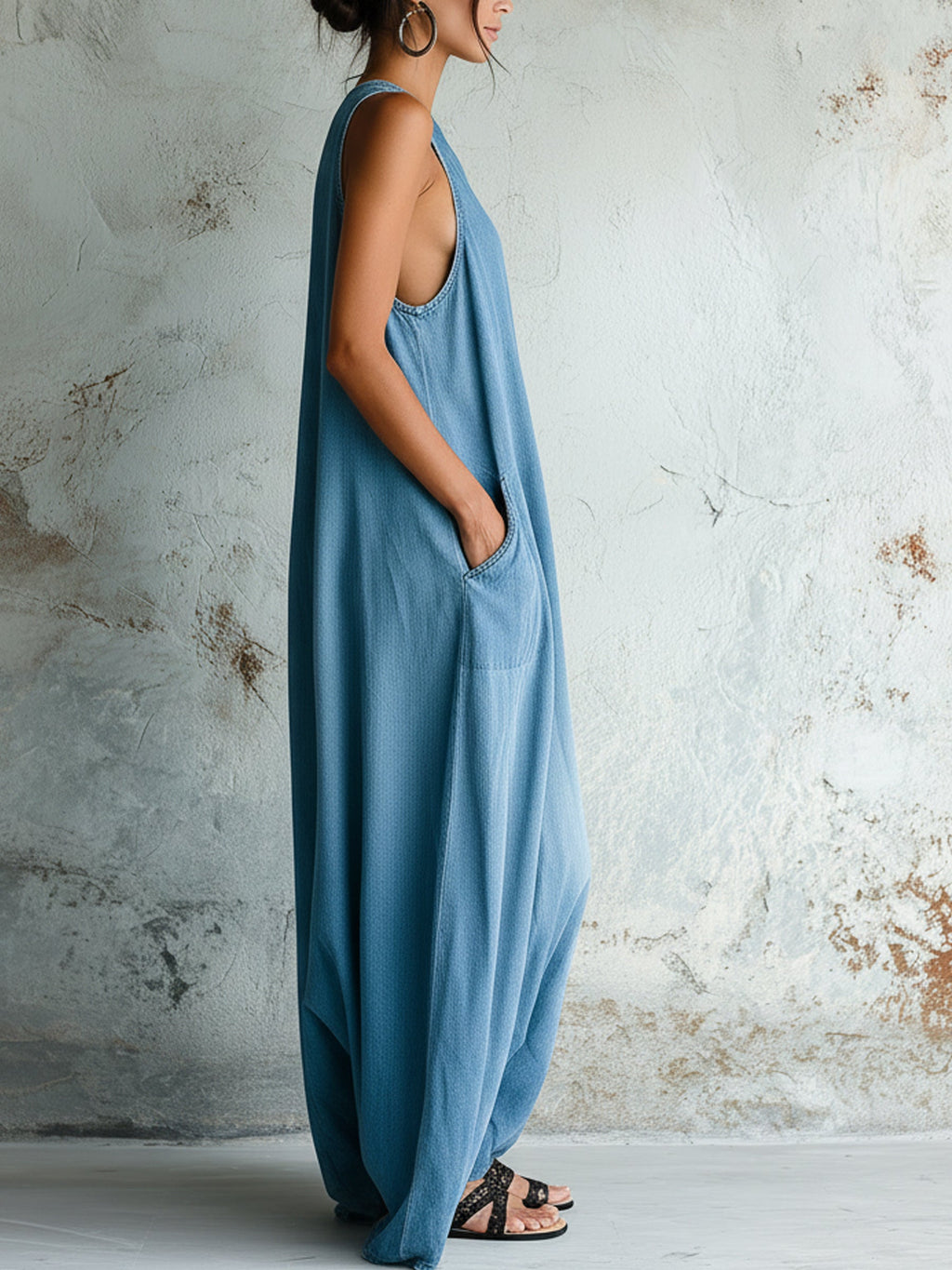 Sleeveless Denim Wide-Leg Pocket Jumpsuit