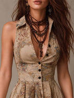 Bohemian Baroque Print Collared V-Neck Button-Up Mini Dress