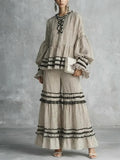 Women's Retro Striped Ruffled Art Casual Stylish Vacation Top And Pants Cotton Linen Suits