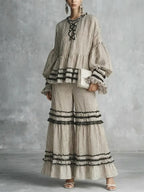 Women's Retro Striped Ruffled Art Casual Stylish Vacation Top And Pants Cotton Linen Suits