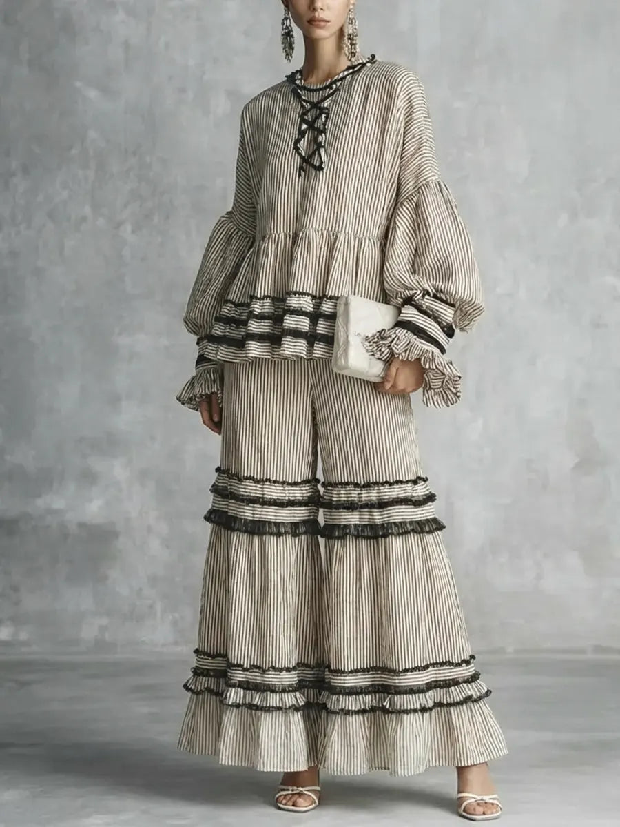Women's Retro Striped Ruffled Art Casual Stylish Vacation Top And Pants Cotton Linen Suits