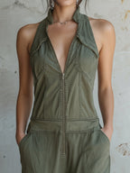 Olive Washed Denim Utility Halter Jumpsuit