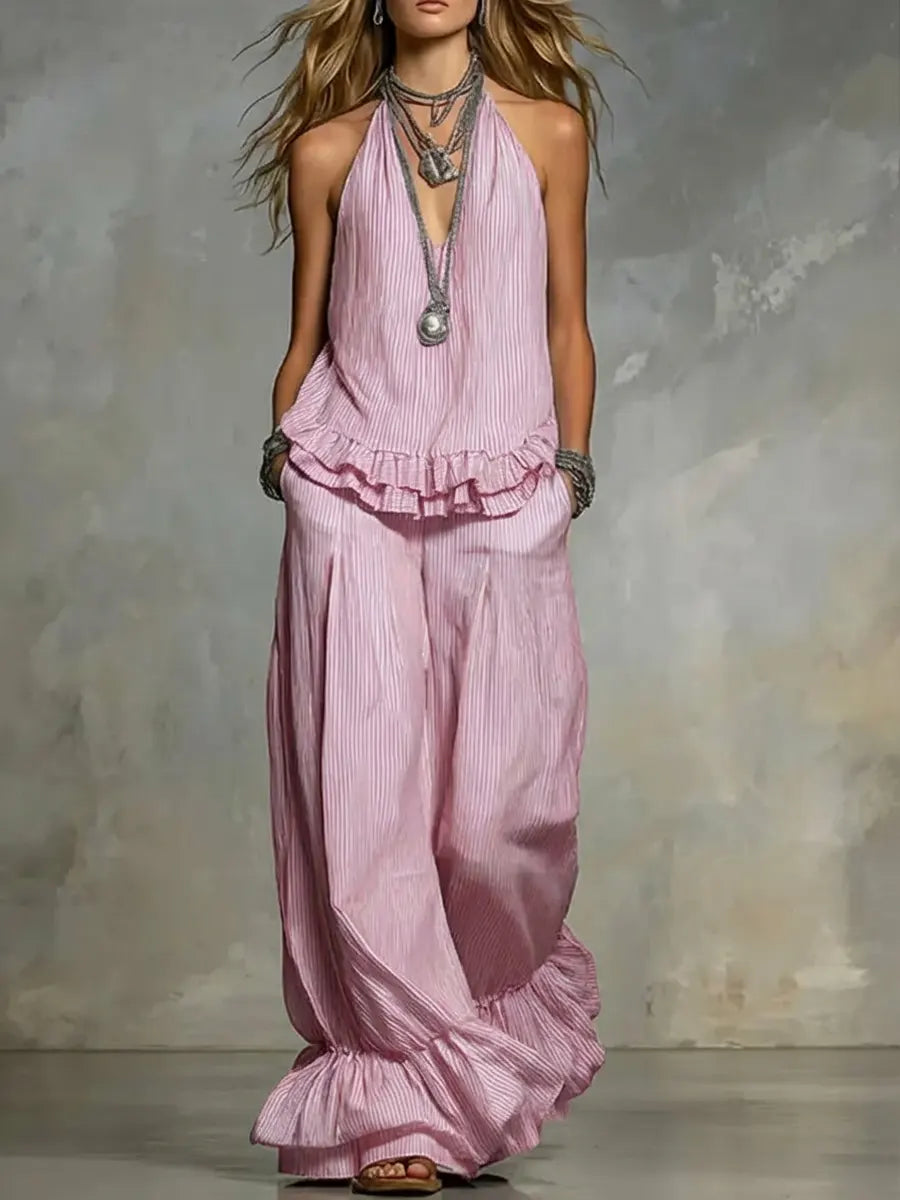 Women's Striped Ruffled Art Casual Top And Pants Stylish Cotton Suits