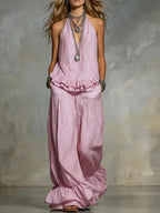 Women's Striped Ruffled Art Casual Top And Pants Stylish Cotton Suits