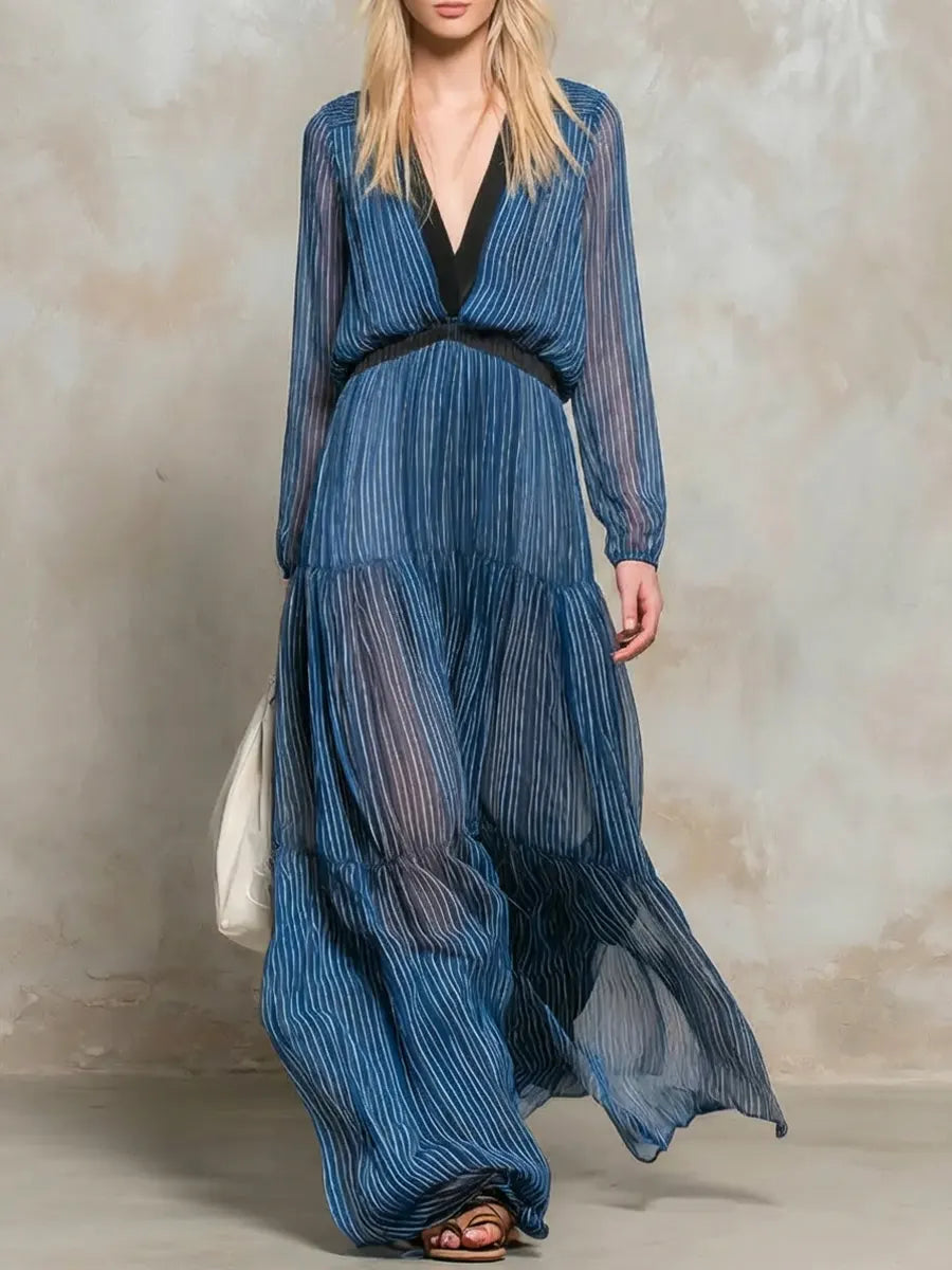 Women's Striped Art Casual Stylish Long Sleeve Chiffon Maxi Dress