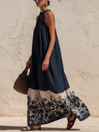 Navy Floral Border Tencel Denim Halter Neck Maxi Dress