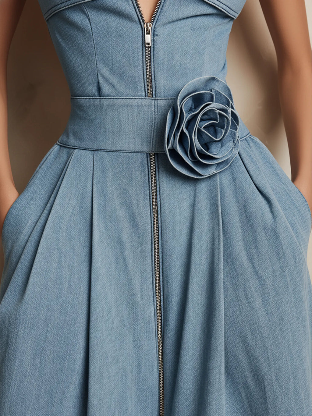 Removable Floral Halter Denim Midi Dress With Front Zipper & Pockets