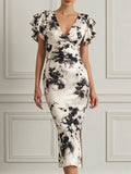 Monochrome Bloom Flutter-Sleeve Midi Dress