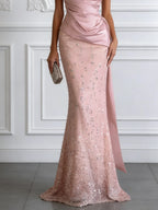 Pink Glitter Classic One Shoulder Sleeveless Mermaid Floor-length Gown Dress