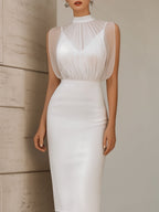Sheer High-Neck Draped Pencil Midi Dress