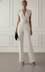 Women White Rhinestone V Neck Cap Sleeve Dressy Jumpsuit
