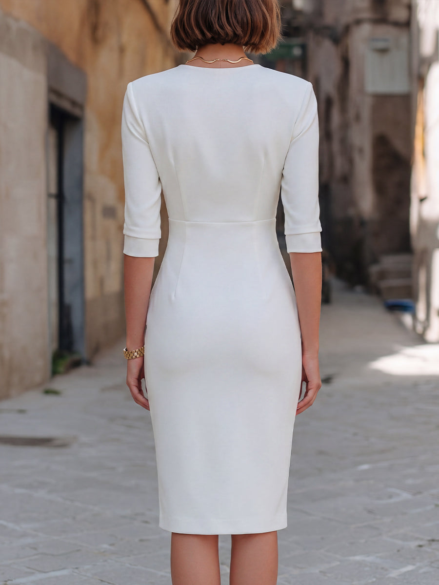Surplice V-Neck Asymmetric Gold Zipper Pencil Midi Dress