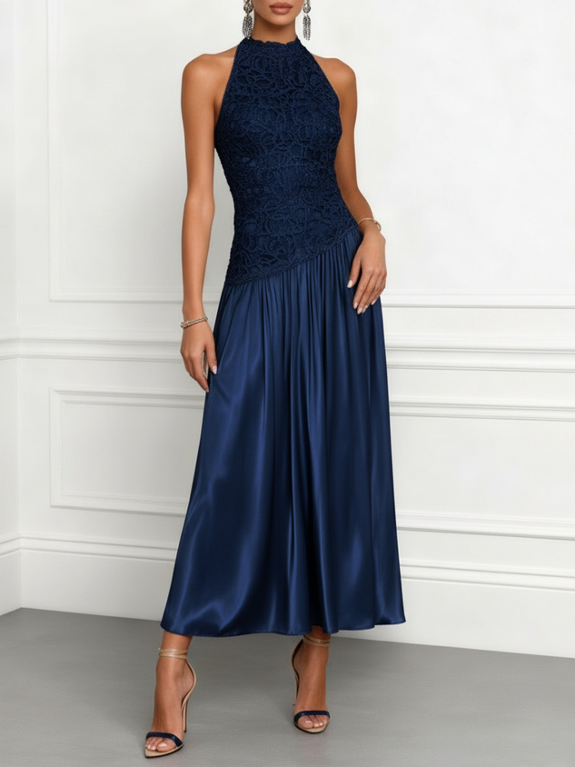 Champagne Lace Satin Halter Crew Neck Sleeveless A-Line Maxi Dress