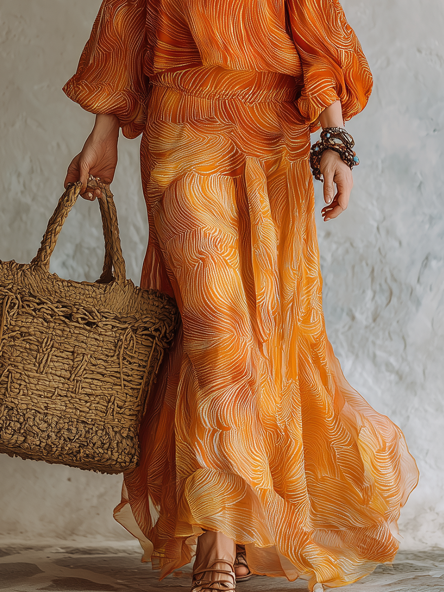 Romantic Bohemian Style Orange Striped Print Maxi Dress