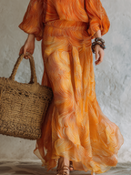 Romantic Bohemian Style Orange Striped Print Maxi Dress