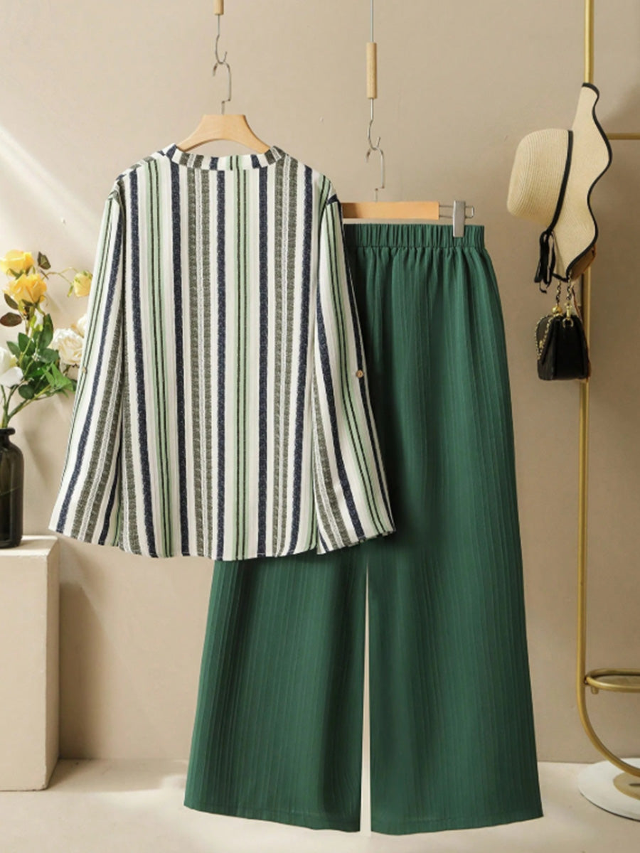 Striped V-neck Top & Pleated Wide-leg Pants Set