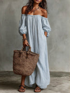 Women's Classic Striped Off-the-shoulder Cotton-linen Dress