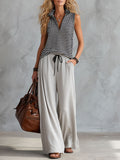 Women's Striped Zip Sleeveless Art Casual Top And Pants Stylish Cotton Suits
