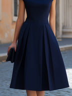 Navy Blue High Neck Cap Sleeve Inverted Pleat A-Line Midi Dress