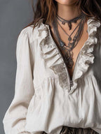 Effortless Zip-up Collar Ruffled Cotton Linen Blouse