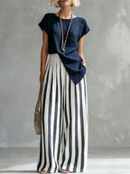 Cozy Loose-fit Striped Cotton-linen Two-piece Set