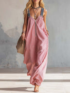 Women's Striped Art Casual Stylish Zip Comfortable Cotton Linen Jumpsuit