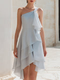 One-Shoulder Cascading Ruffle Asymmetric Midi Dress
