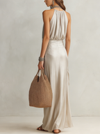 Resort-ready Silver Satin Halter Neck Long Dress
