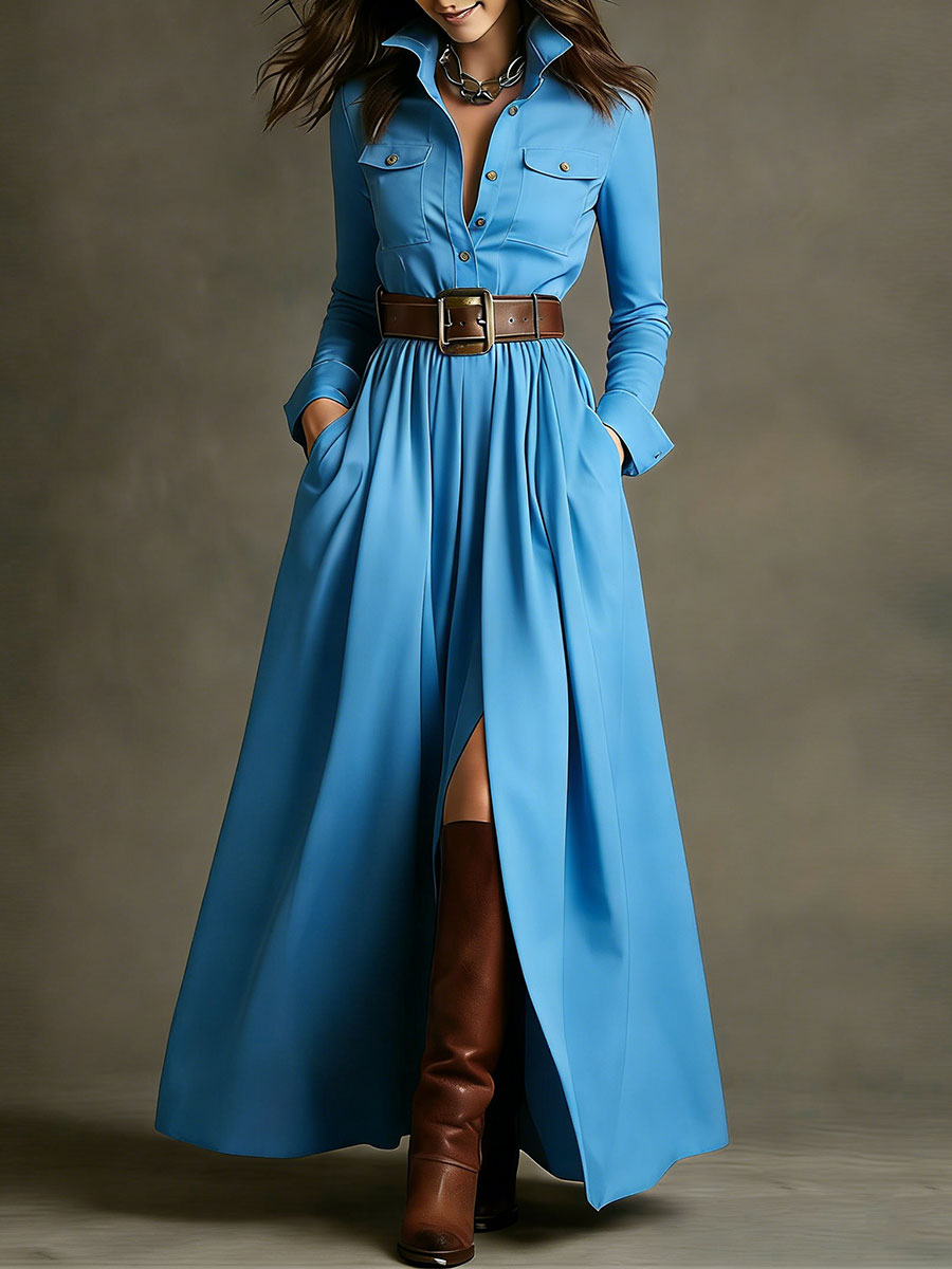 Women's Retro Solid Color Long-sleeved Dress