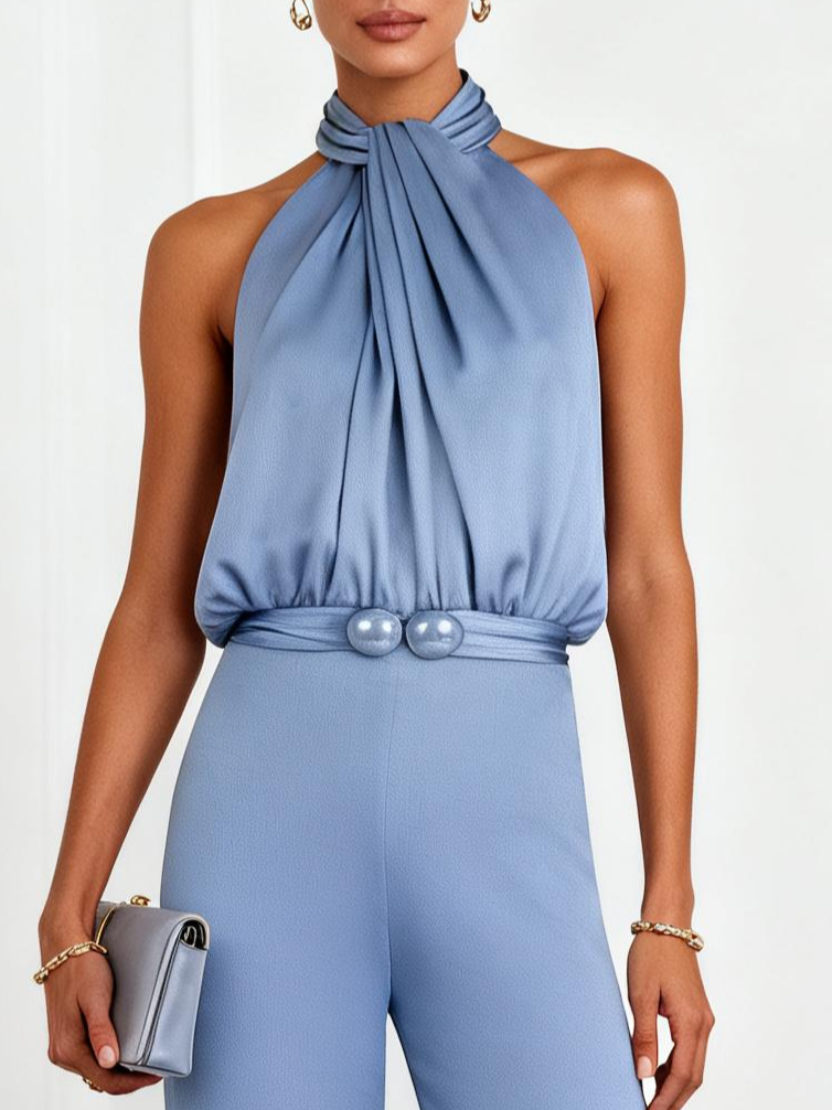 Women Blue Mock Neck Sleeveless Dressy Jumpsuit