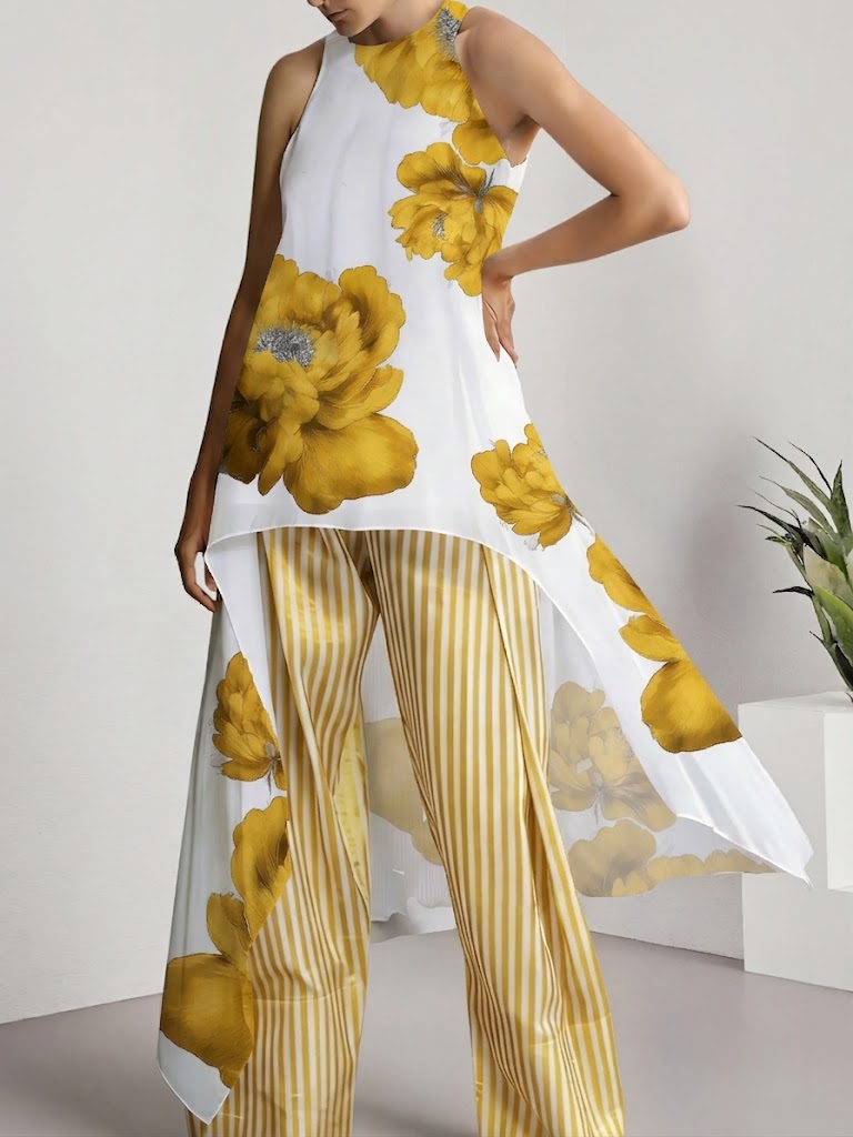 Cozy Floral-print Cotton-blend Long Top And Striped Pants Two-piece Set