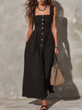 Retro Square-Neck Button-Front Cotton-Linen Midi Dress
