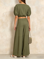 Olive Green Linen-Blend Two-Piece Set - Puff Sleeve Crop Top & Tiered Wide Leg Pants
