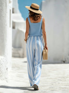 Striped Spaghetti-strap Top & Loose, Slimming Wide-leg Pants Two-piece Set