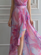 Fuchsia Tropical Leaf Print Chiffon Maxi Dress