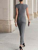 Elegant Grey Pleated Fitted Maxi Dress With Side Slit