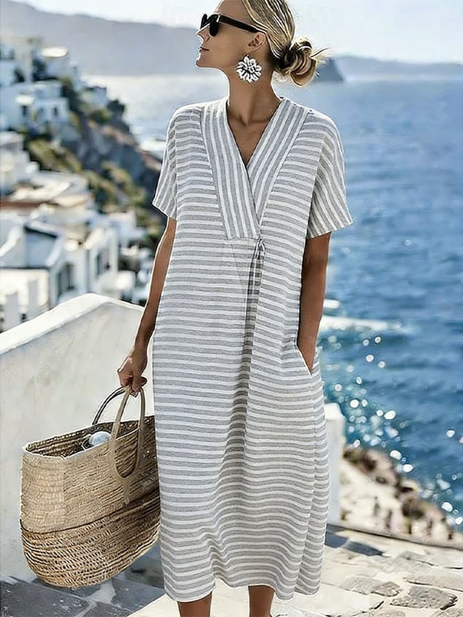 Women's Casual V-Neck Striped Loose Dress