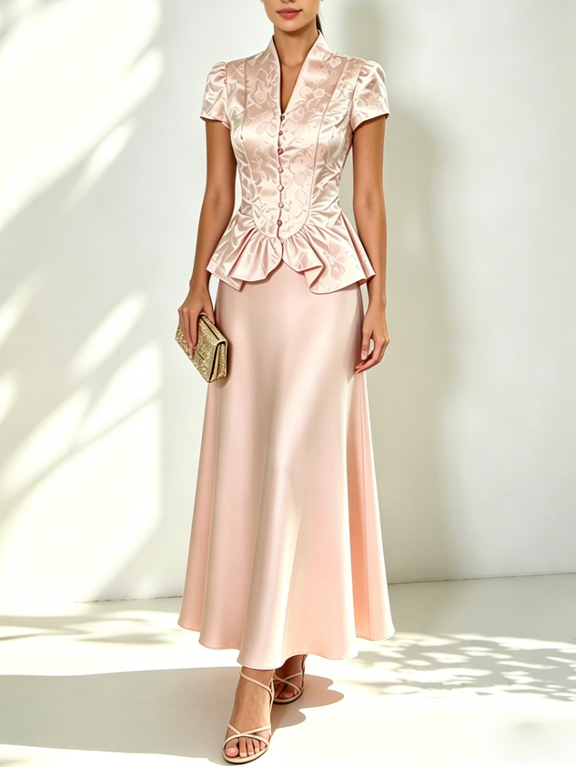 Women Pink Jacquard V Neck Short Sleeve Dressy Coat With Skirt Two-Piece Set